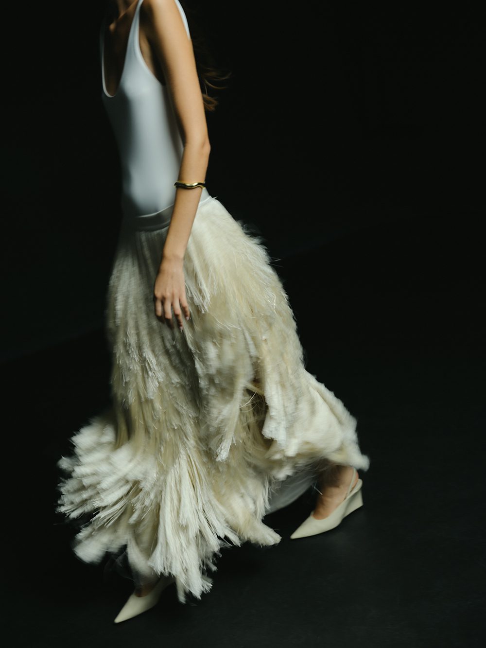 The After: feathered fringe skirt in movement
